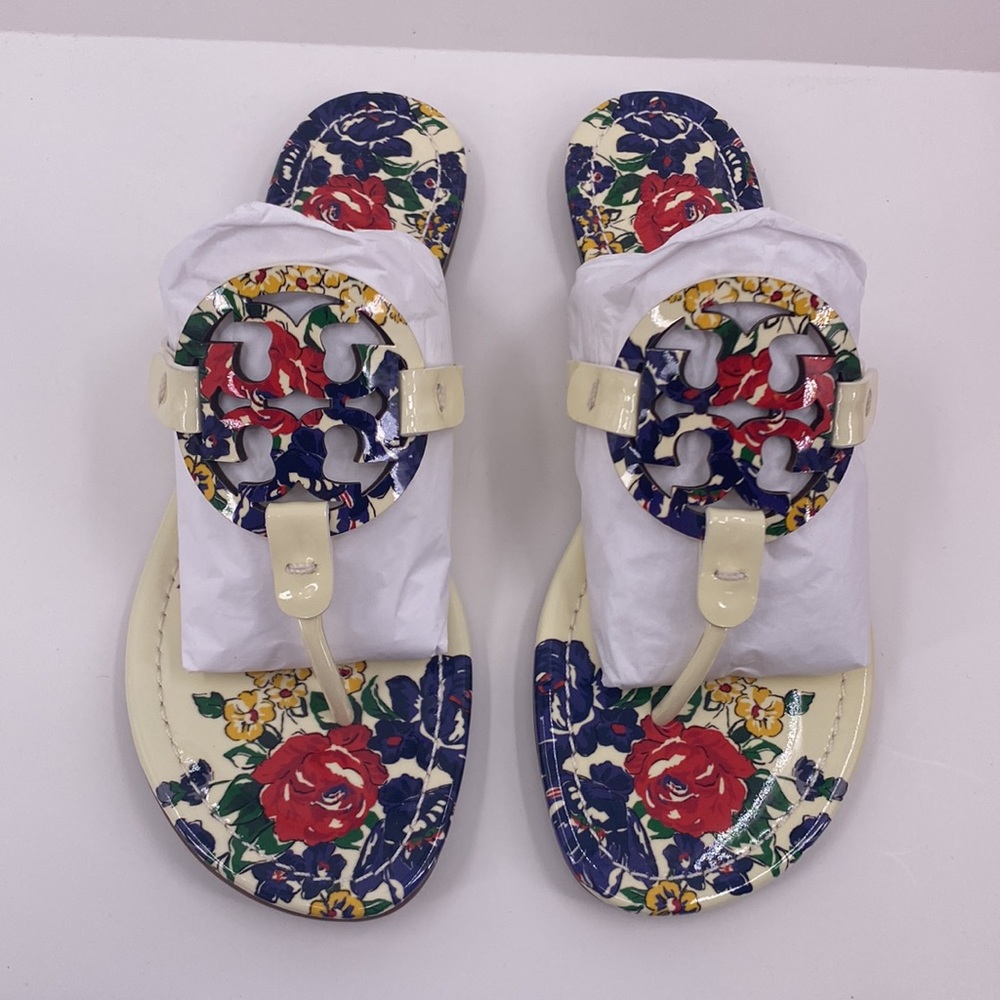 NIB Authentic Tori Burch Ivory Tea Rose Patent Leather Miller Sandal W8.5